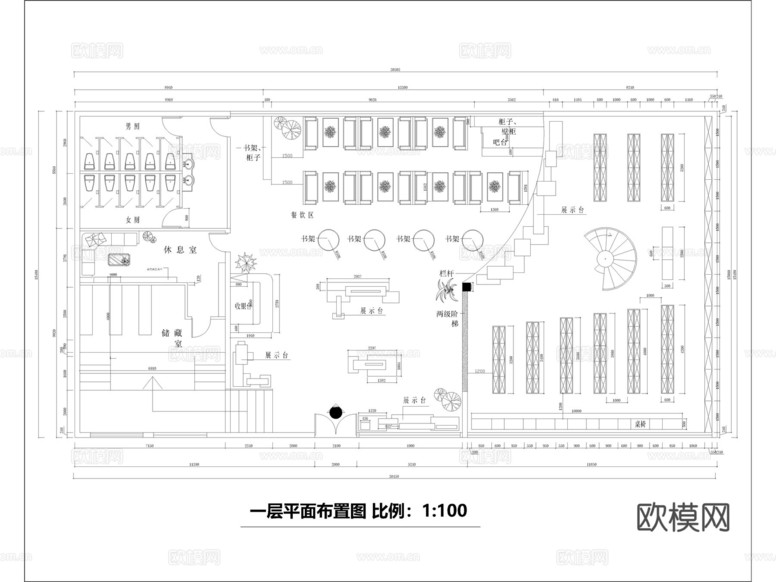 書店 書吧 圖書館 書屋 閱覽室cad施工圖下載(渲染圖2)