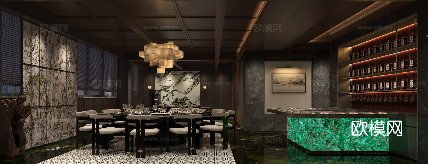 新中式大包厢 餐桌椅组合 餐厅 包房3d模型