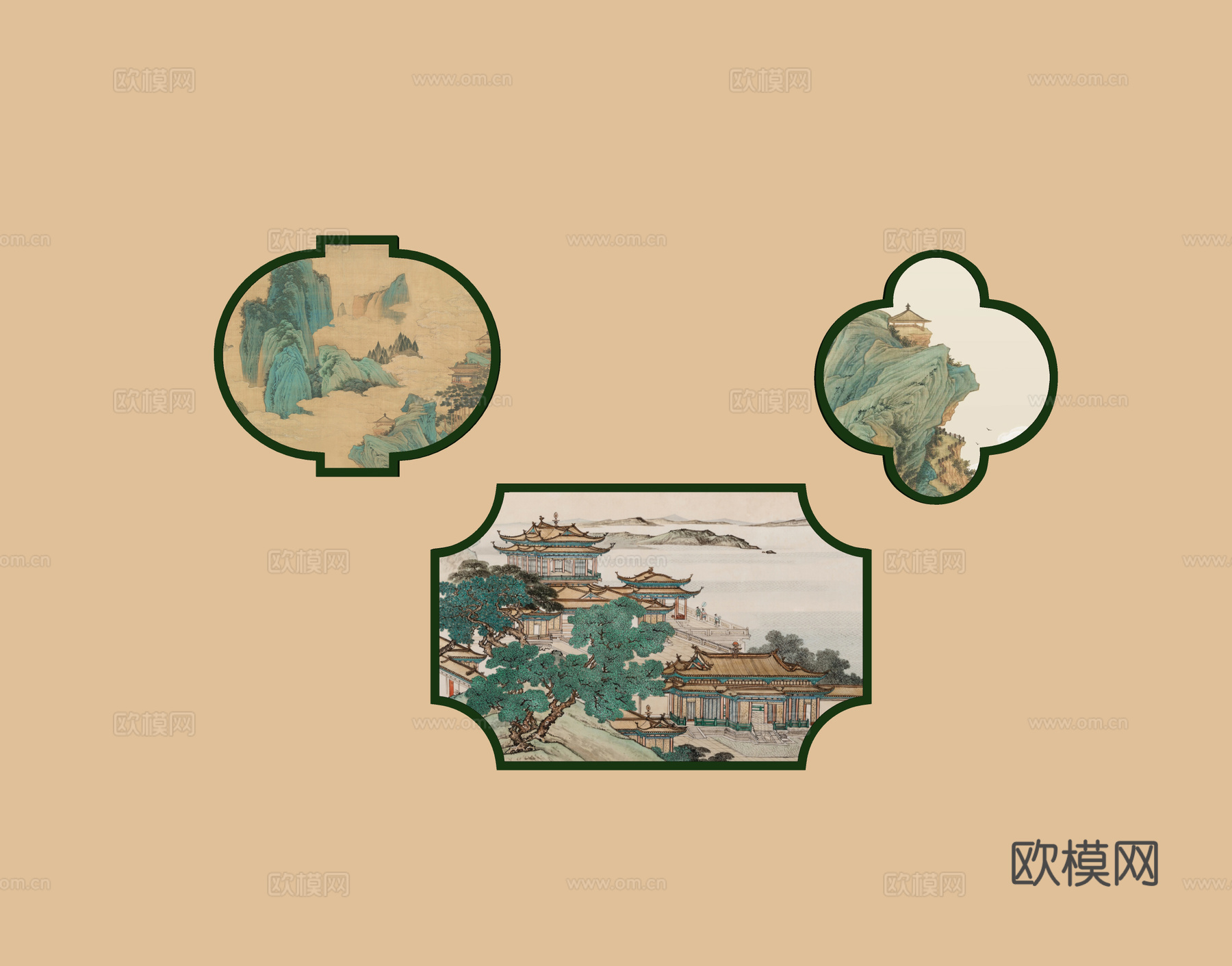 新中式挂画 山水挂画 挂画组合 壁灯 墙饰挂件 禅意挂画su模型