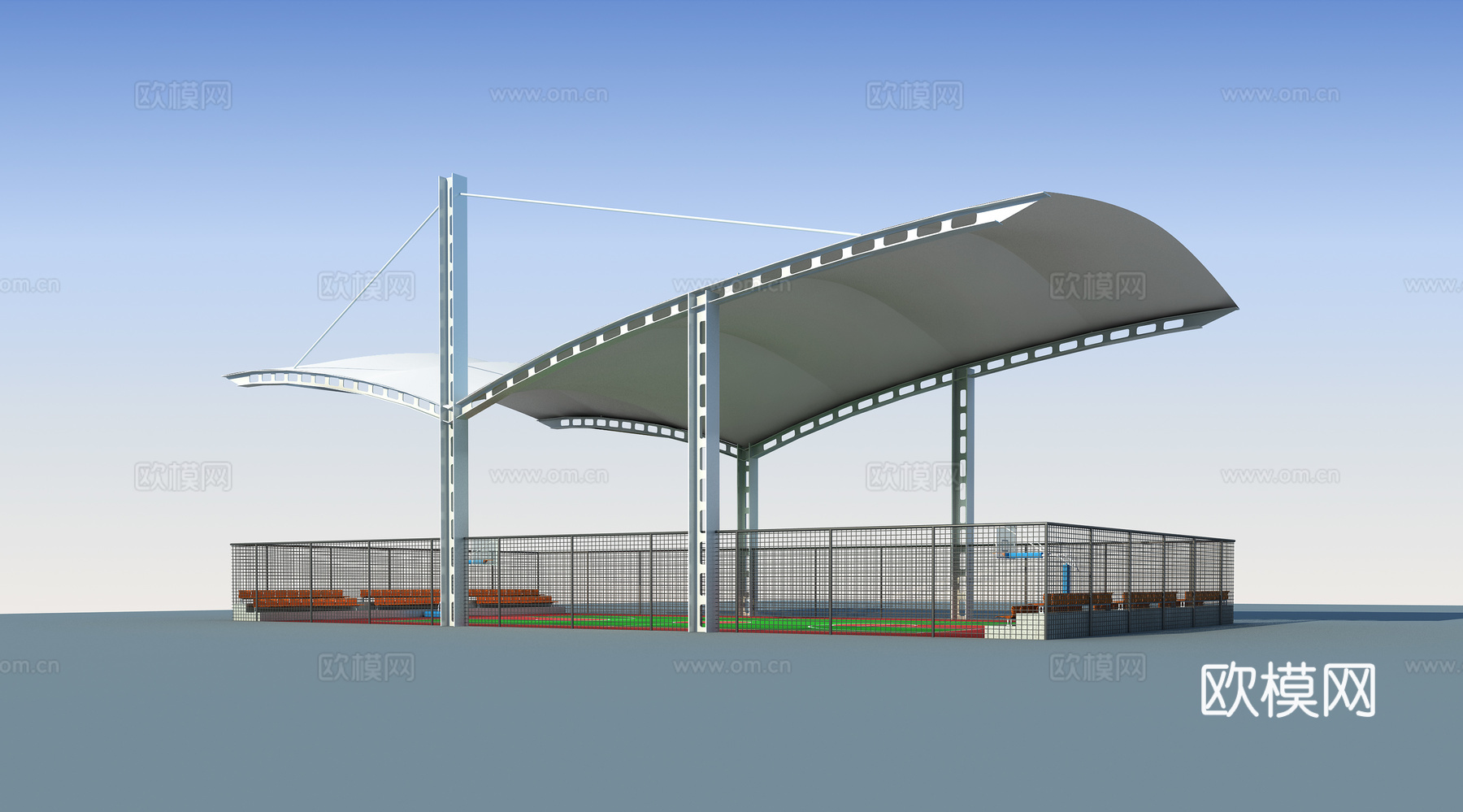 钢结构张拉膜篮球场运动场3d模型下载（渲染图1）