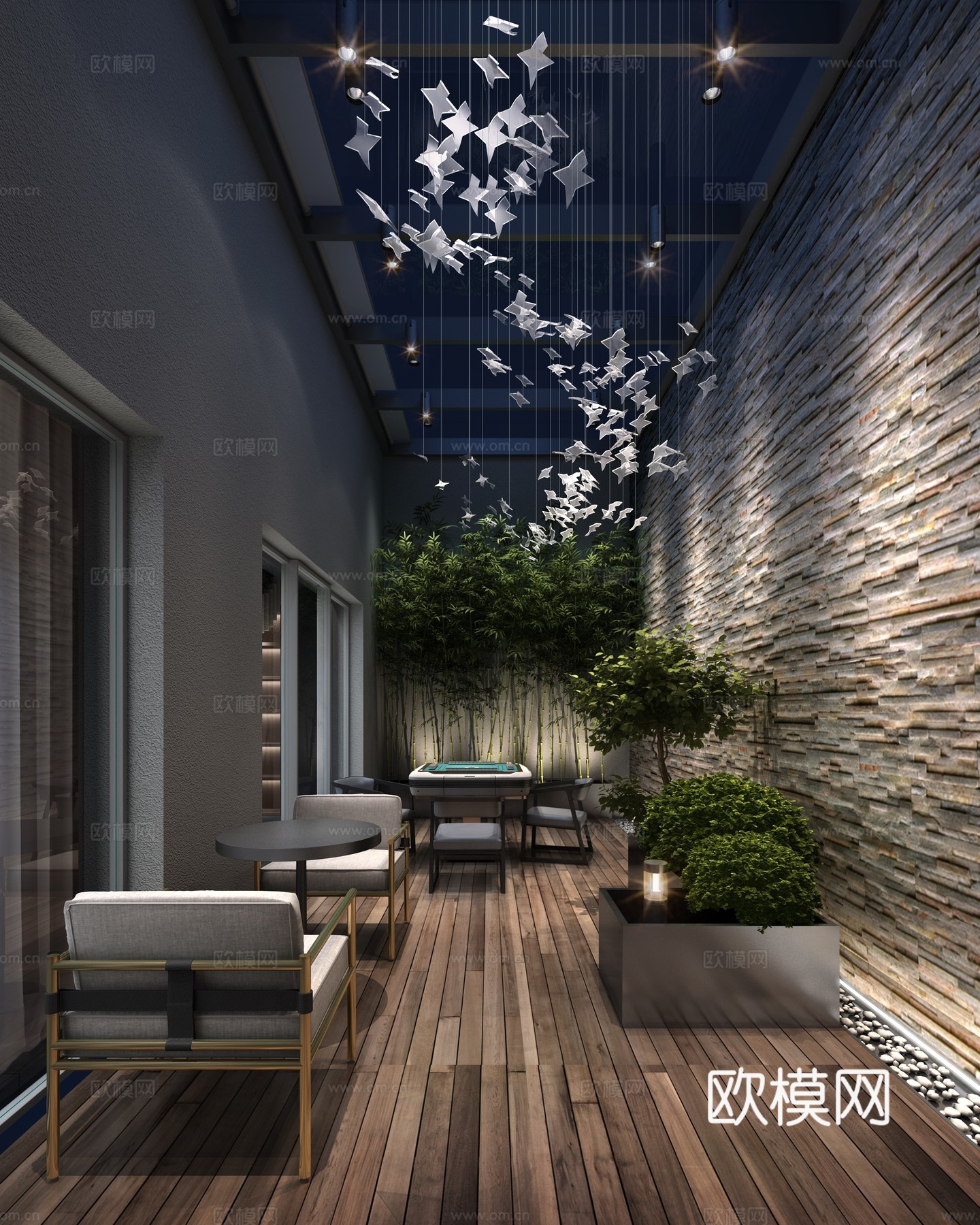 现代灰色调轻奢私人会所室内花园3d模型