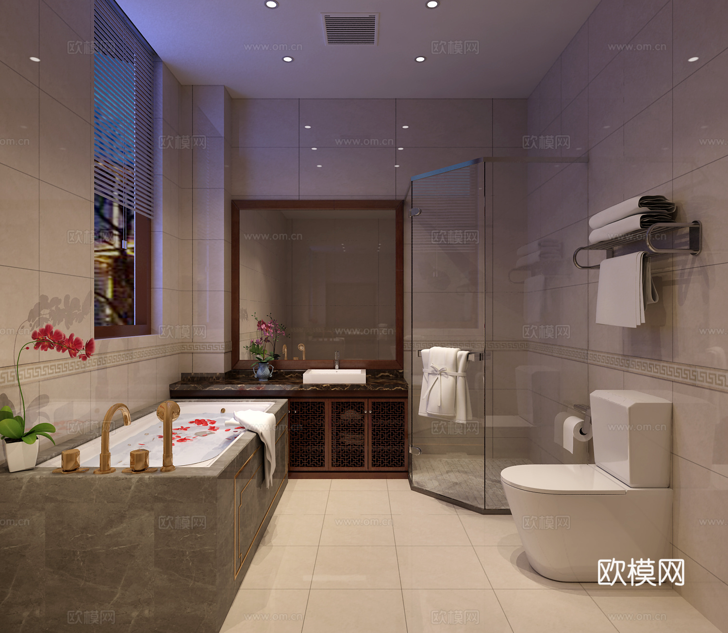 新中式卫生间 马桶 梳妆镜 浴缸3d模型