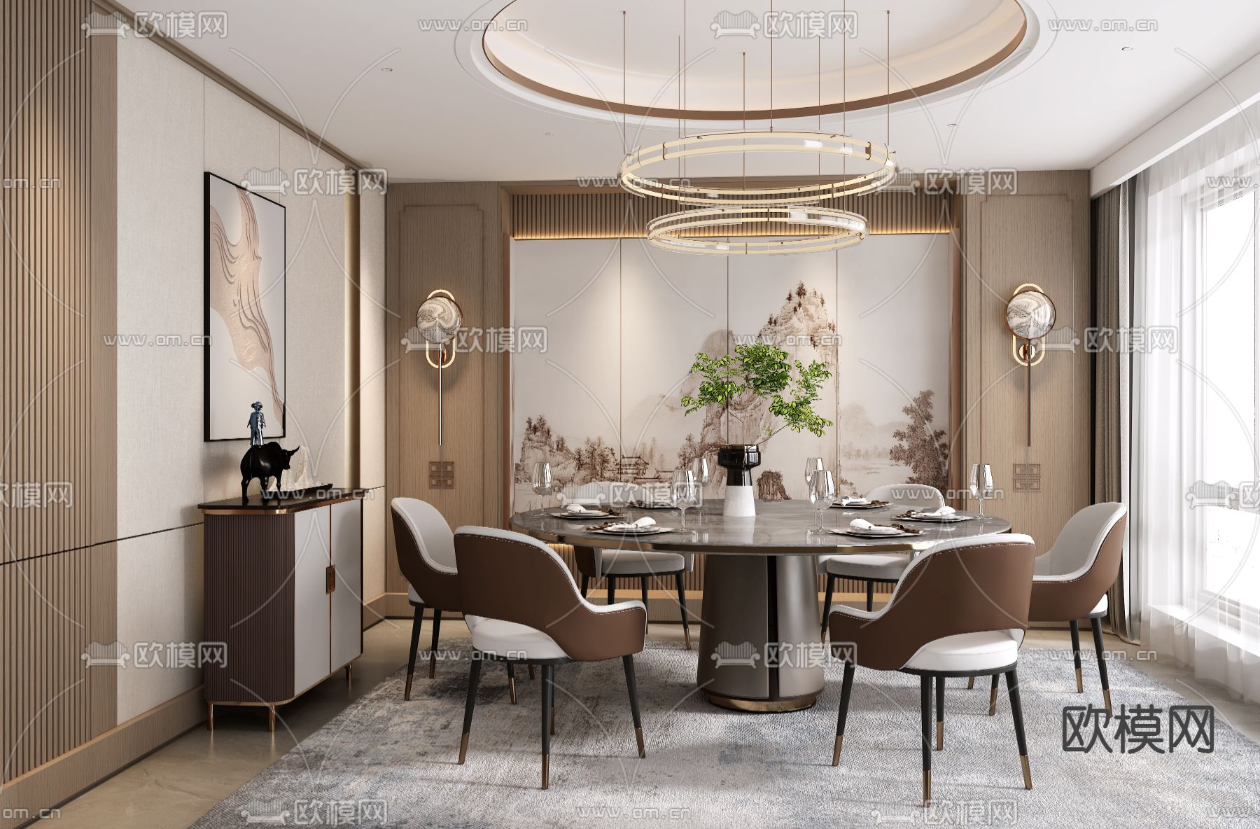 新中式餐厅包间 包厢su模型下载（渲染图2）