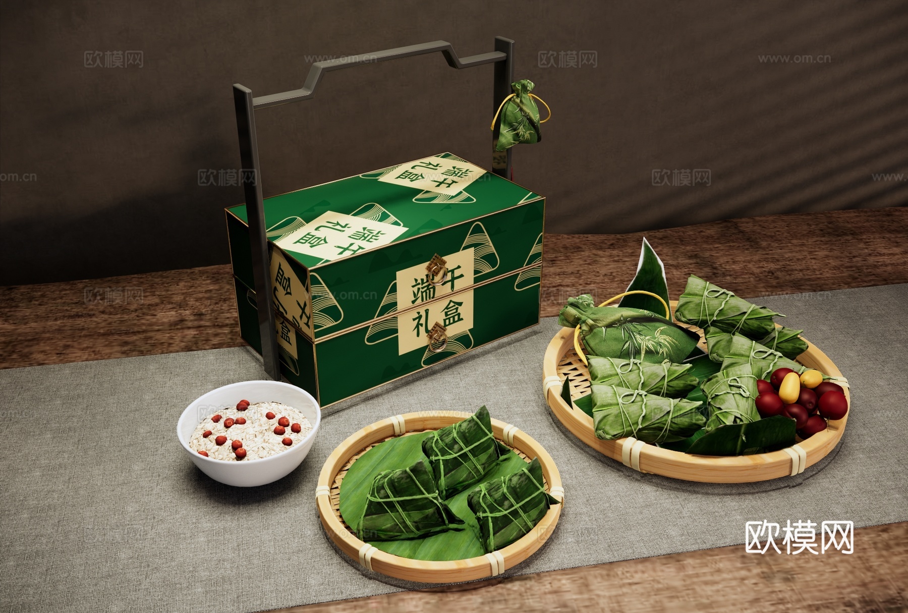 端午节礼盒 中式食盒 粽子 三角粽 中式糕点 竹叶竹簸箕su模型