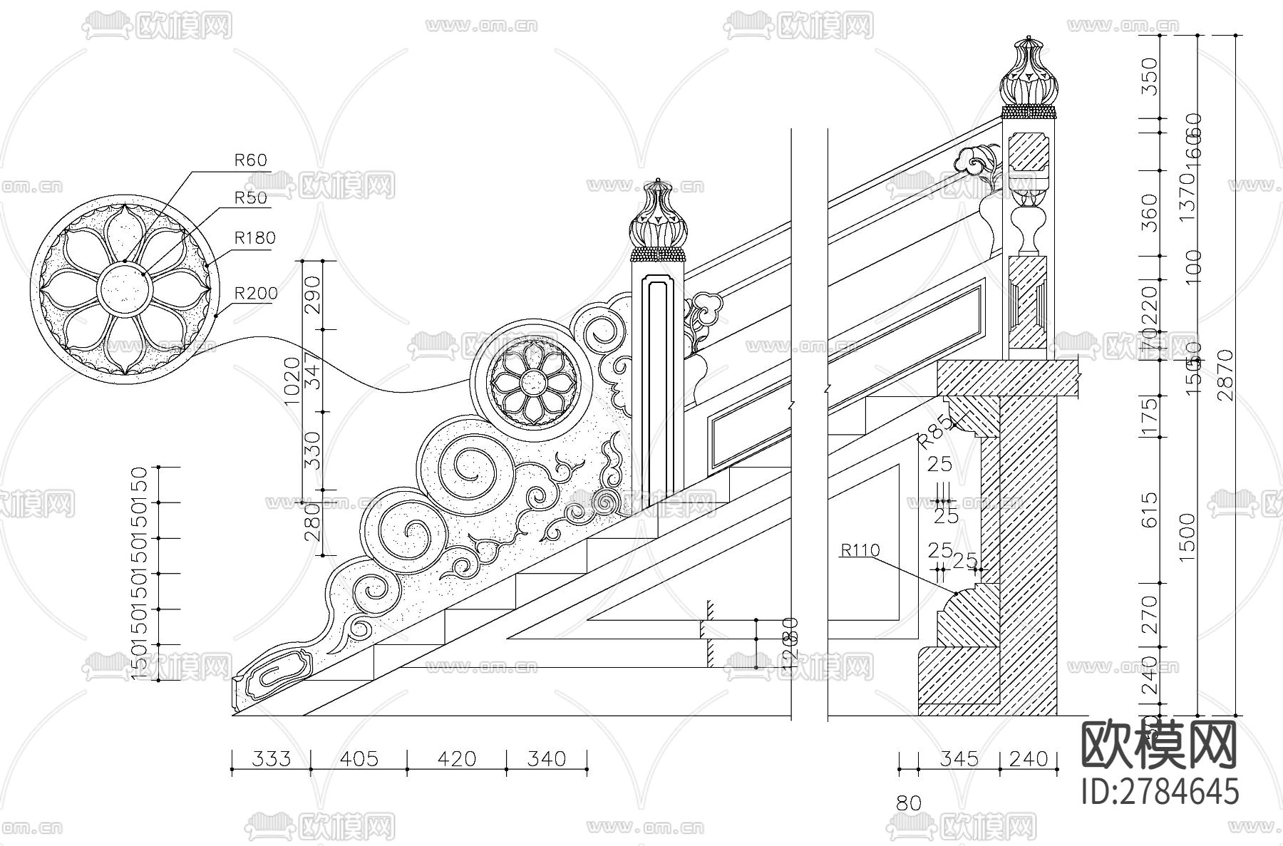 中式栏杆详图节点大样图下载（渲染图1）