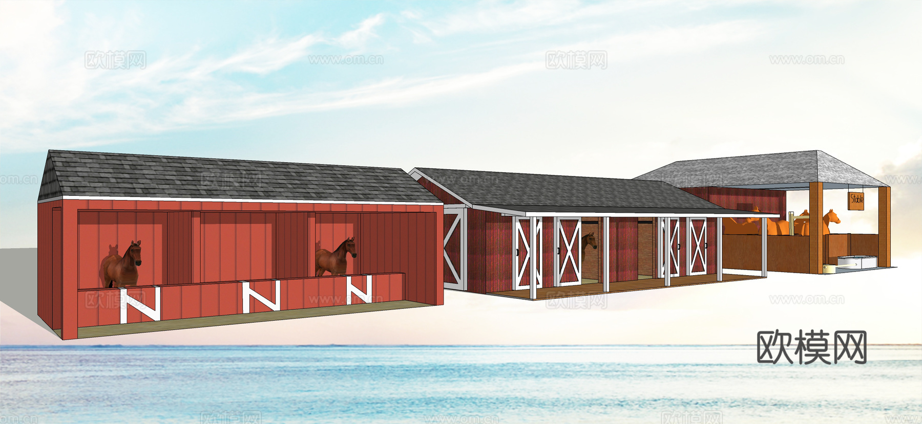 现代马厩 马舍 马屋 马房 干草 木材 栏杆su模型下载（渲染图2）