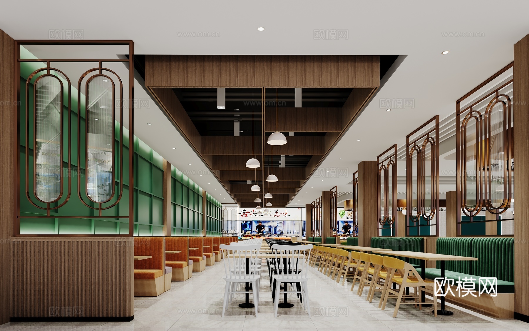 现代食堂餐厅餐桌餐椅吊灯饭堂快餐大厅3d模型