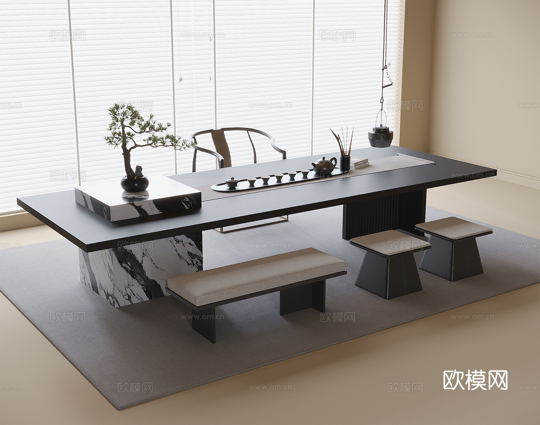 现代茶桌椅 凳子 长凳 茶具 茶椅3d模型