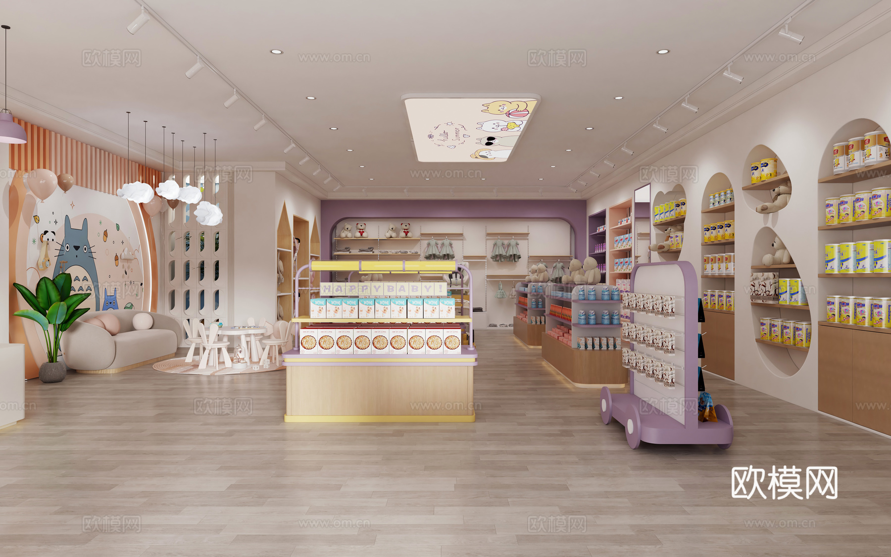 奶油风母婴店 母婴生活馆 母婴店门头橱窗 奶粉货架展柜 婴儿3d模型下载（渲染图1）