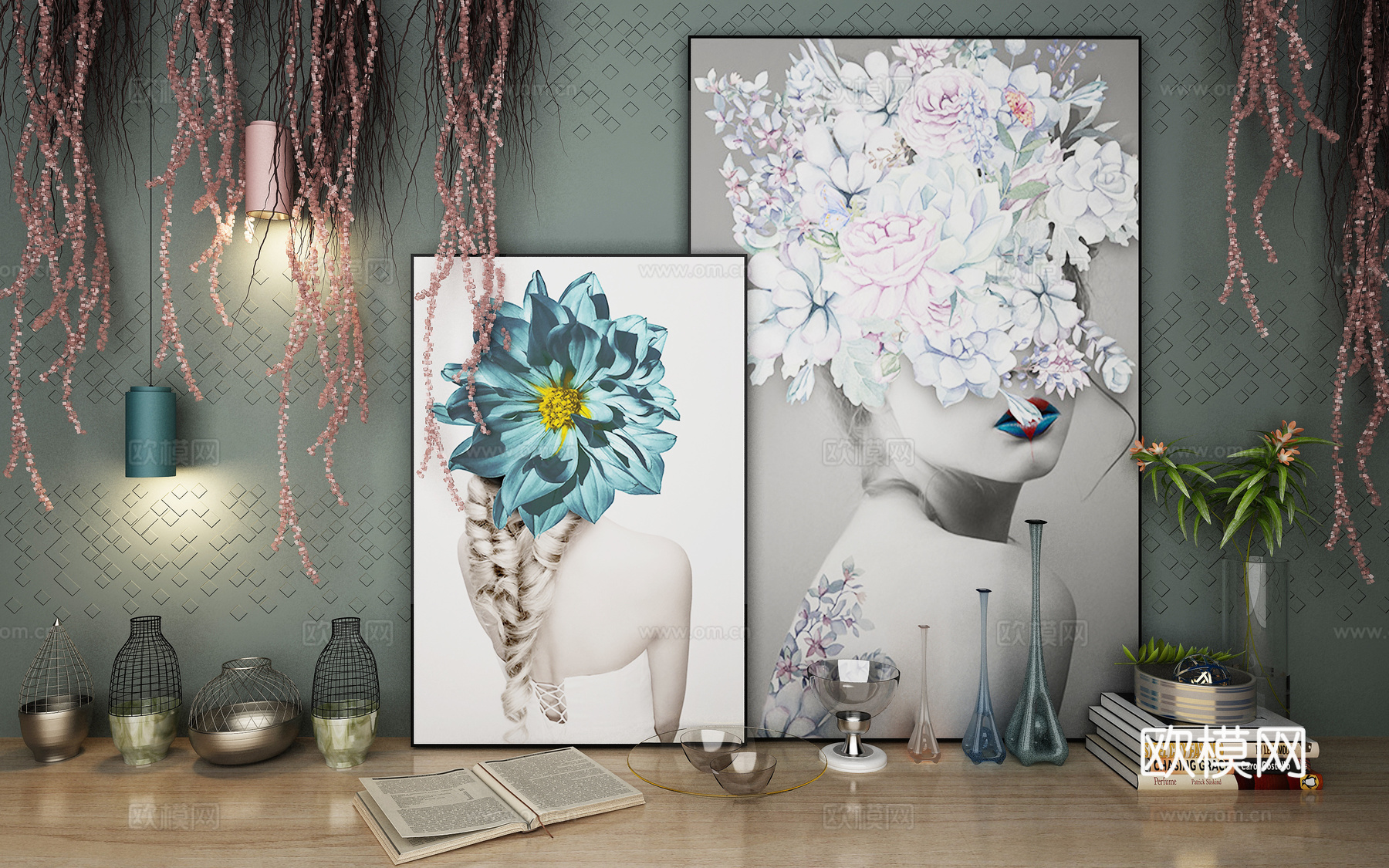 北欧摆件 饰品摆件 装饰画 吊灯 书 植物 背景墙3d模型