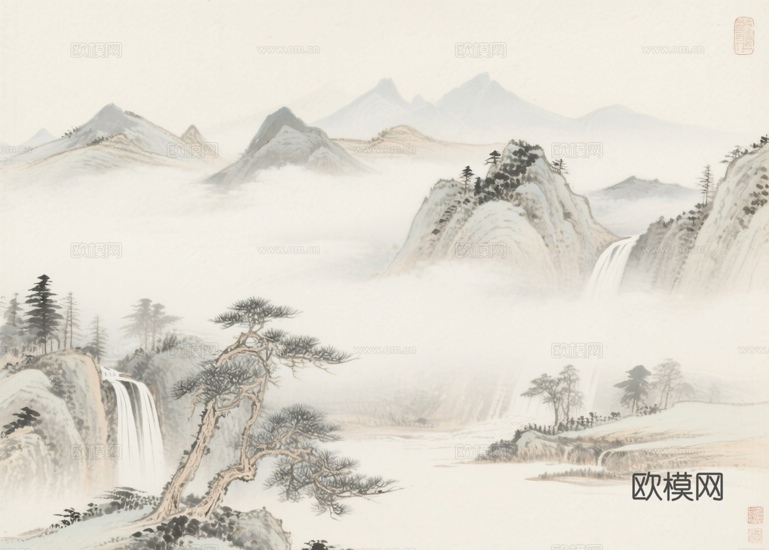 中古侘寂宋代美学山水国画 山峰云雾围绕水墨山水画