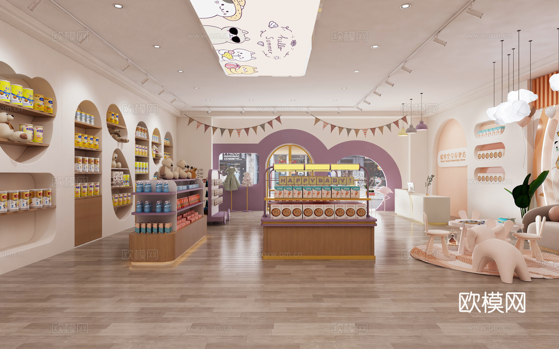 奶油风母婴店 母婴生活馆 母婴店门头橱窗 奶粉货架展柜 婴儿3d模型下载（渲染图2）