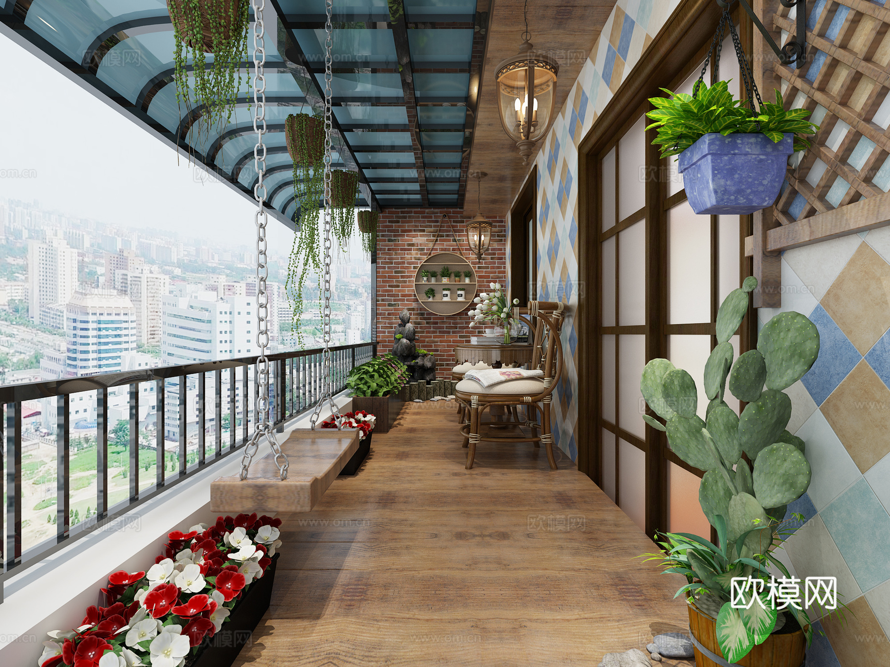 美式田园花园阳台 假山 吊灯 休闲椅 植物盆栽 装饰墙 秋千3d模型