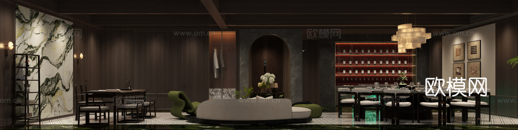 新中式大包厢 餐桌椅组合 餐厅 包房3d模型