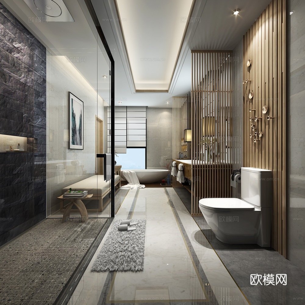 漂亮的新中式卫生间 马桶 浴缸 洗浴房3d模型