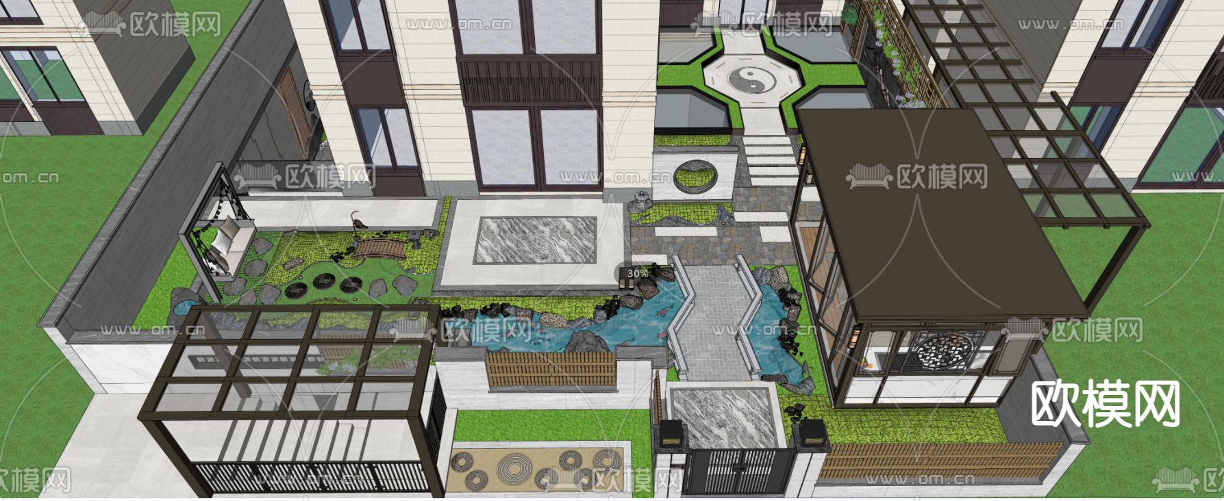 新中式花园 庭院景观su模型下载（渲染图7）