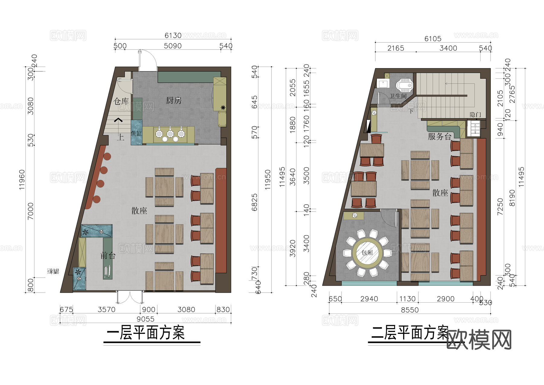 海鲜餐厅大排档平面布置图 含效果图全景图 含PSD格式彩平图cad施工图