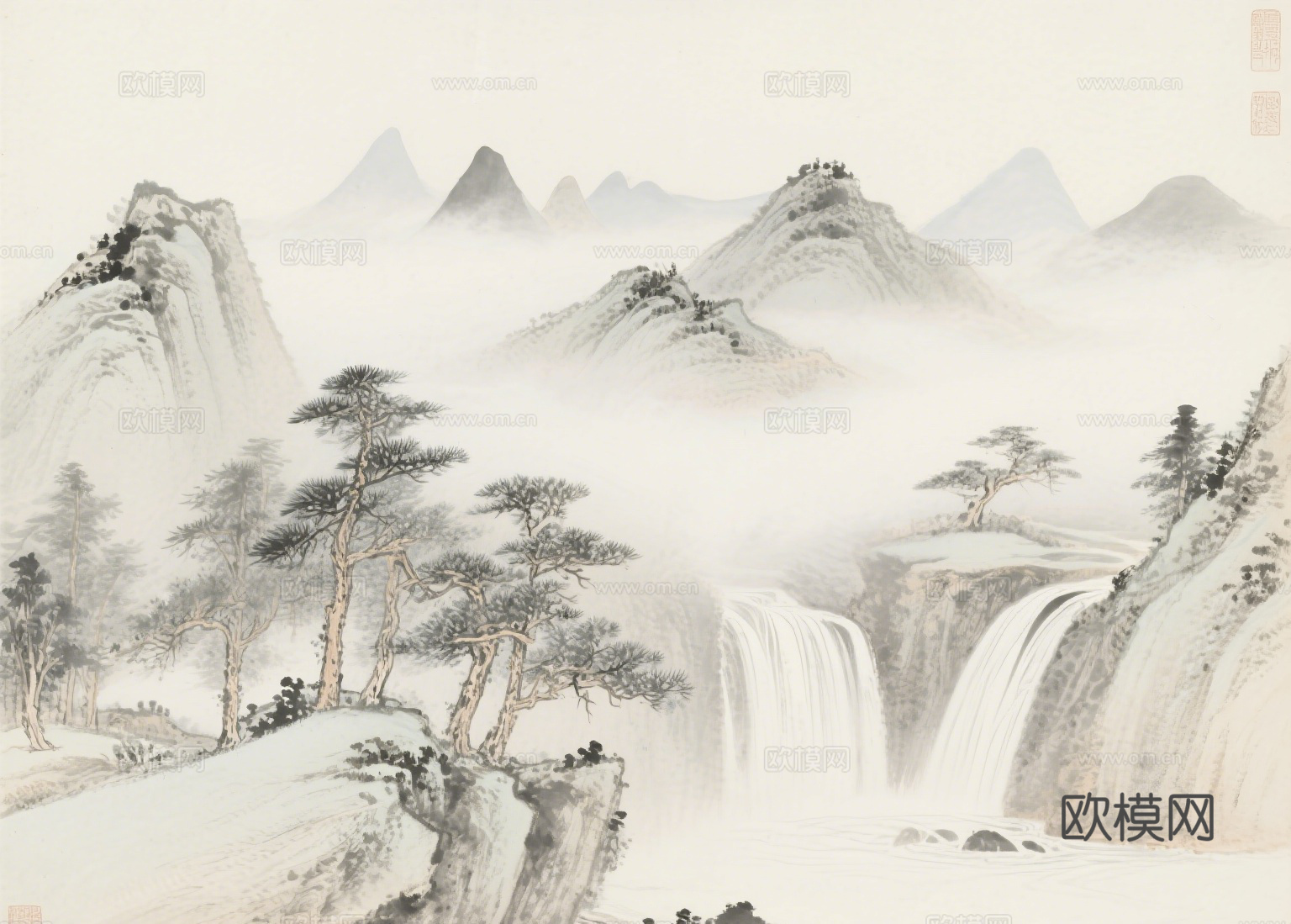 中古侘寂宋代美学山水国画 山峰云雾围绕水墨山水画