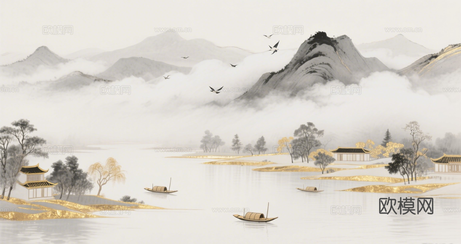 中古侘寂宋代美学山水国画 山峰云雾围绕水墨山水画