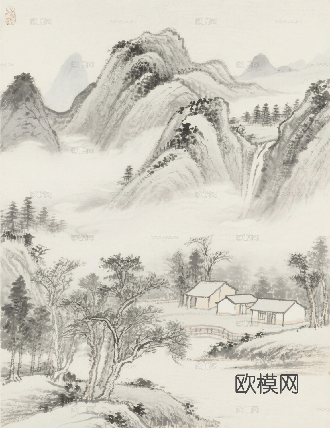 中古侘寂宋代美学山水国画 山峰云雾围绕水墨山水画