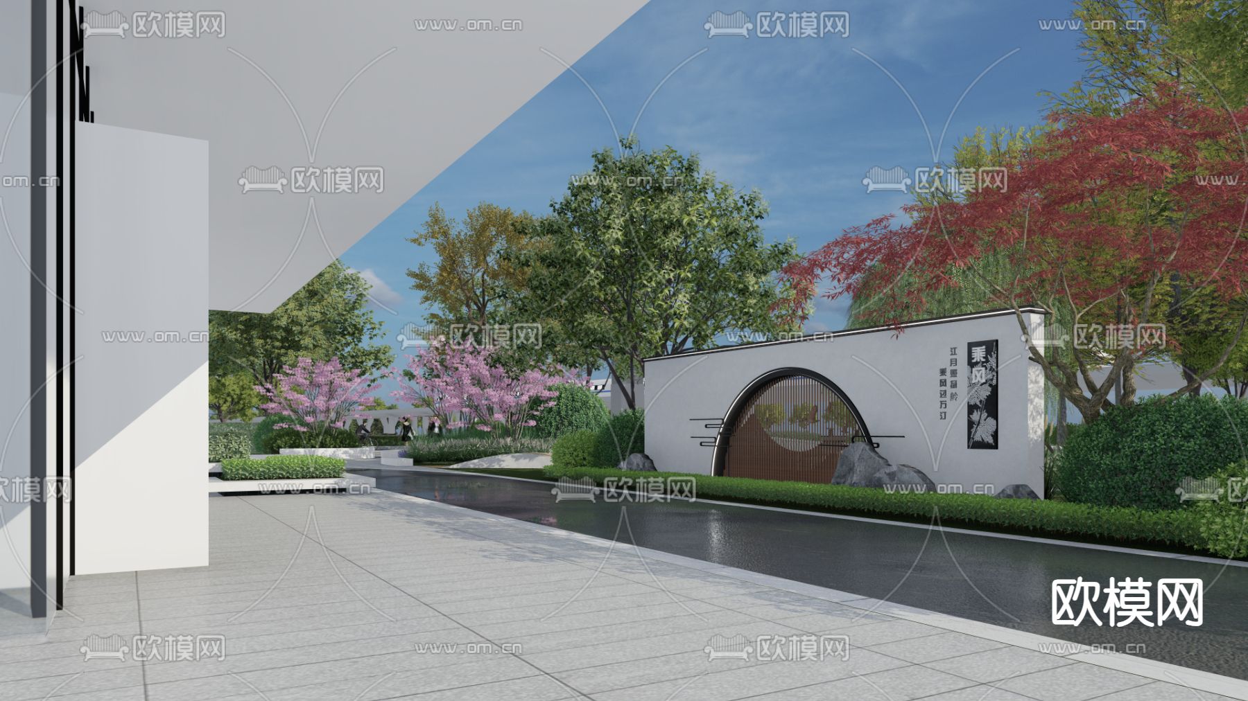 新中式景墙su模型下载（渲染图1）