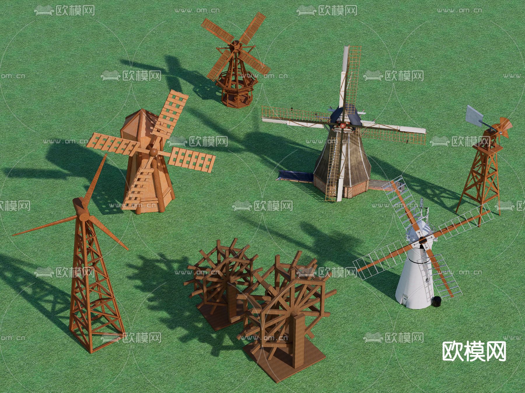 中式木风车 水车su模型下载（渲染图1）