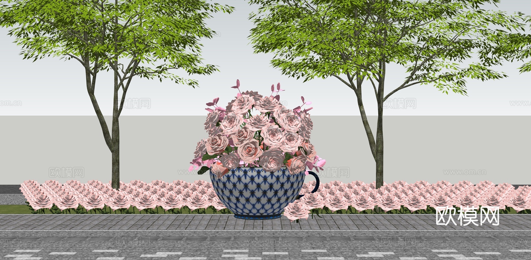 现代茶杯花盆美陈 粉色玫瑰花美陈 浪漫花展 玫瑰花 园艺小品su模型