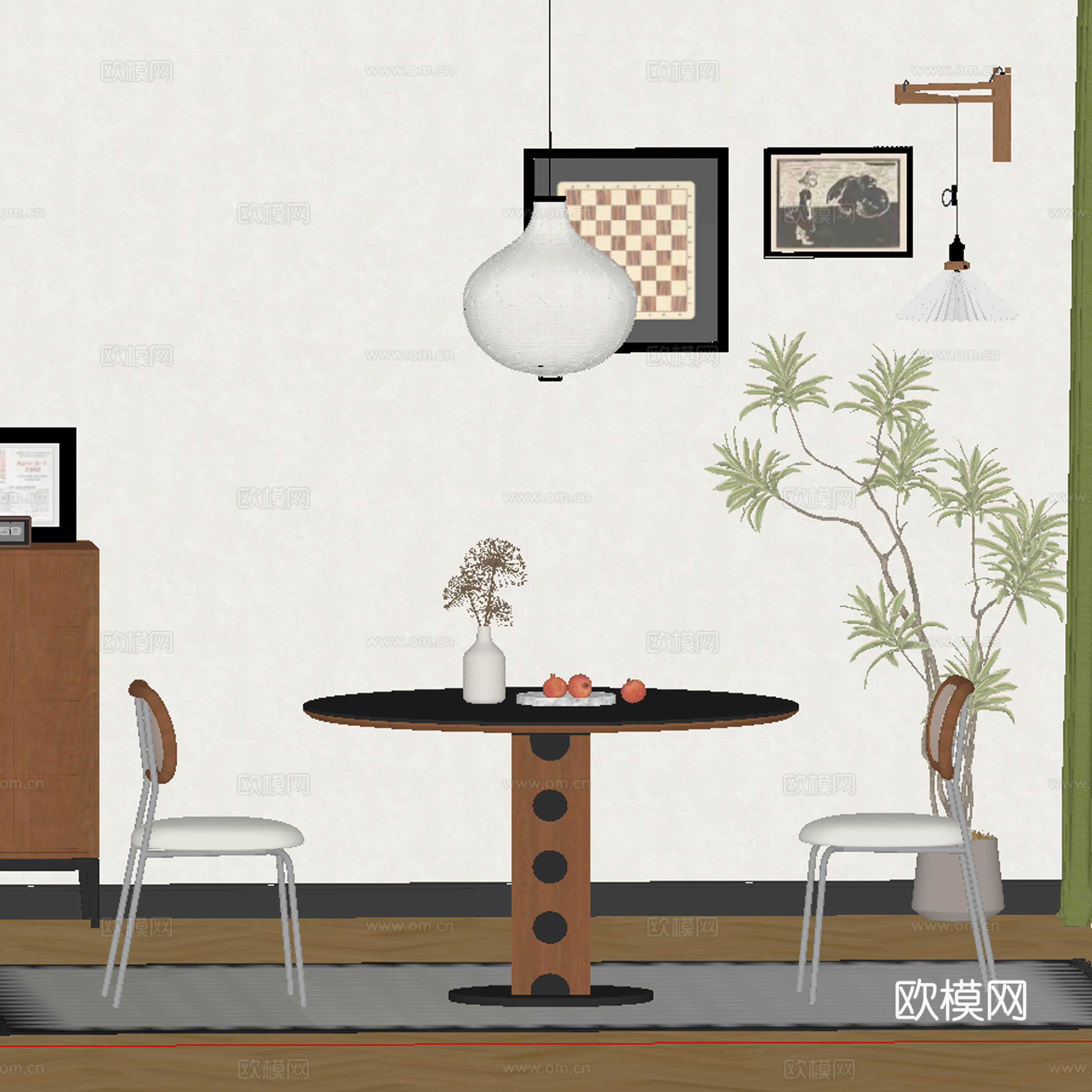 现代中古风餐厅 餐桌椅su模型