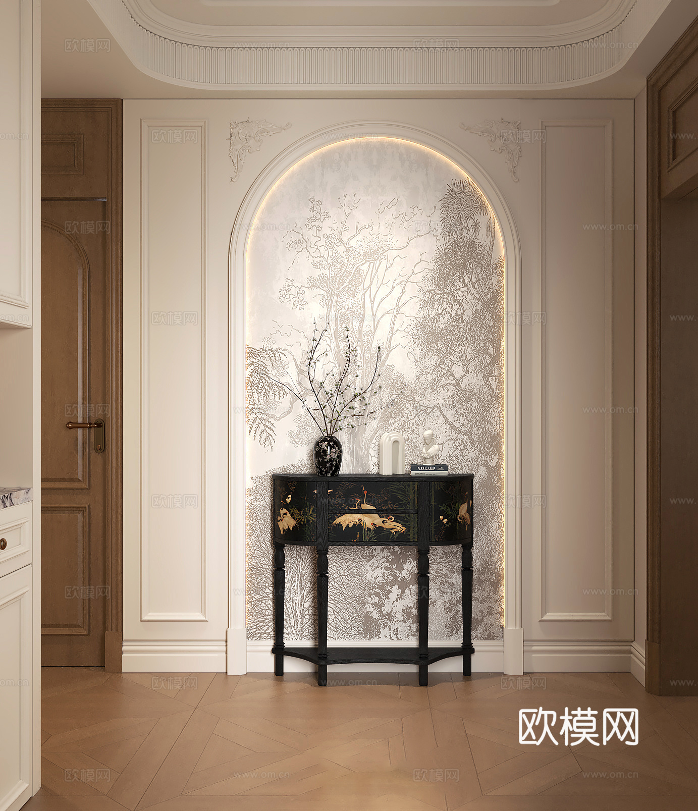 法式中古玄关门厅 法式复古入户端景 法式复古装饰柜 法式玄关3d模型