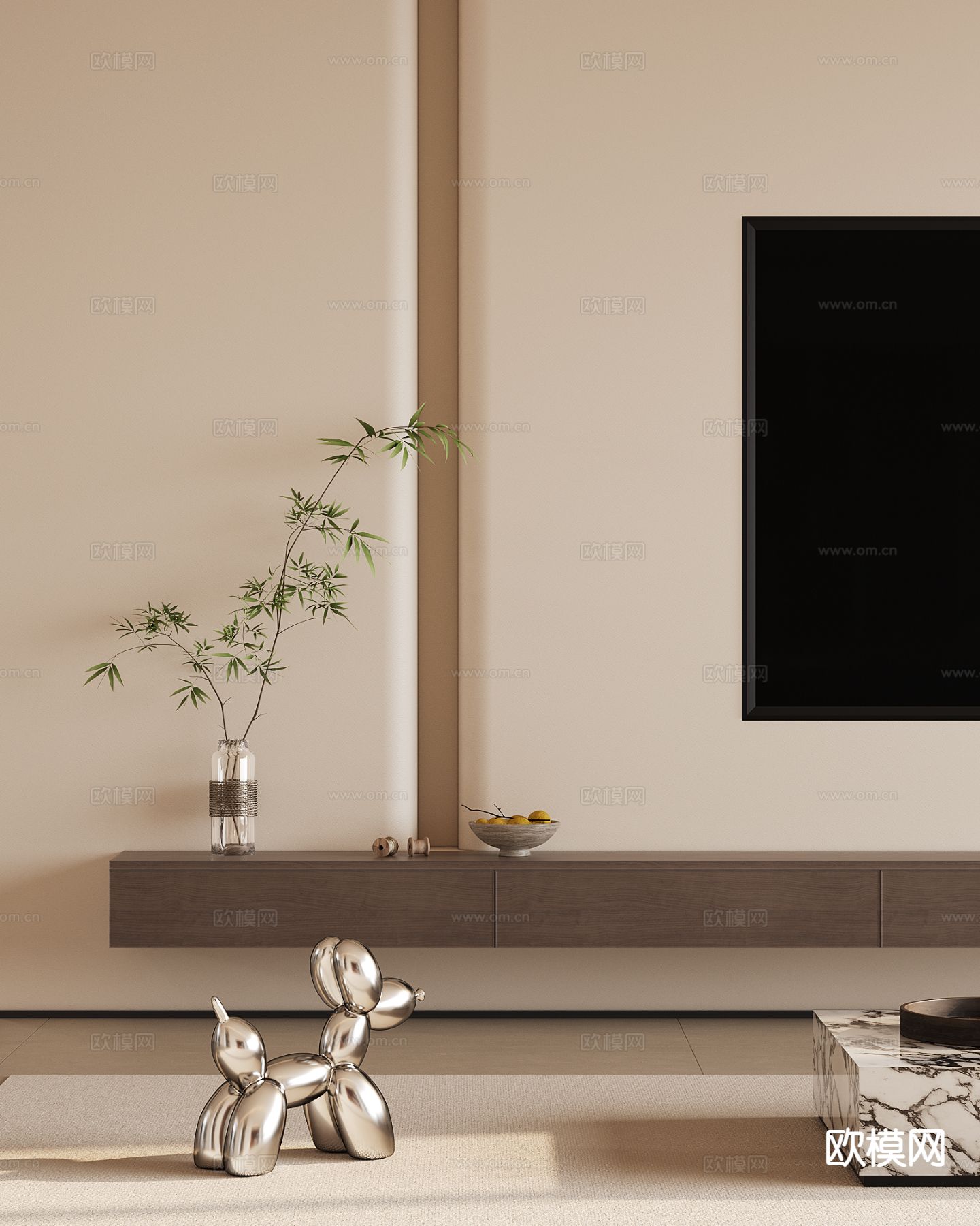 现代电视墙 背景墙3d模型下载（渲染图2）