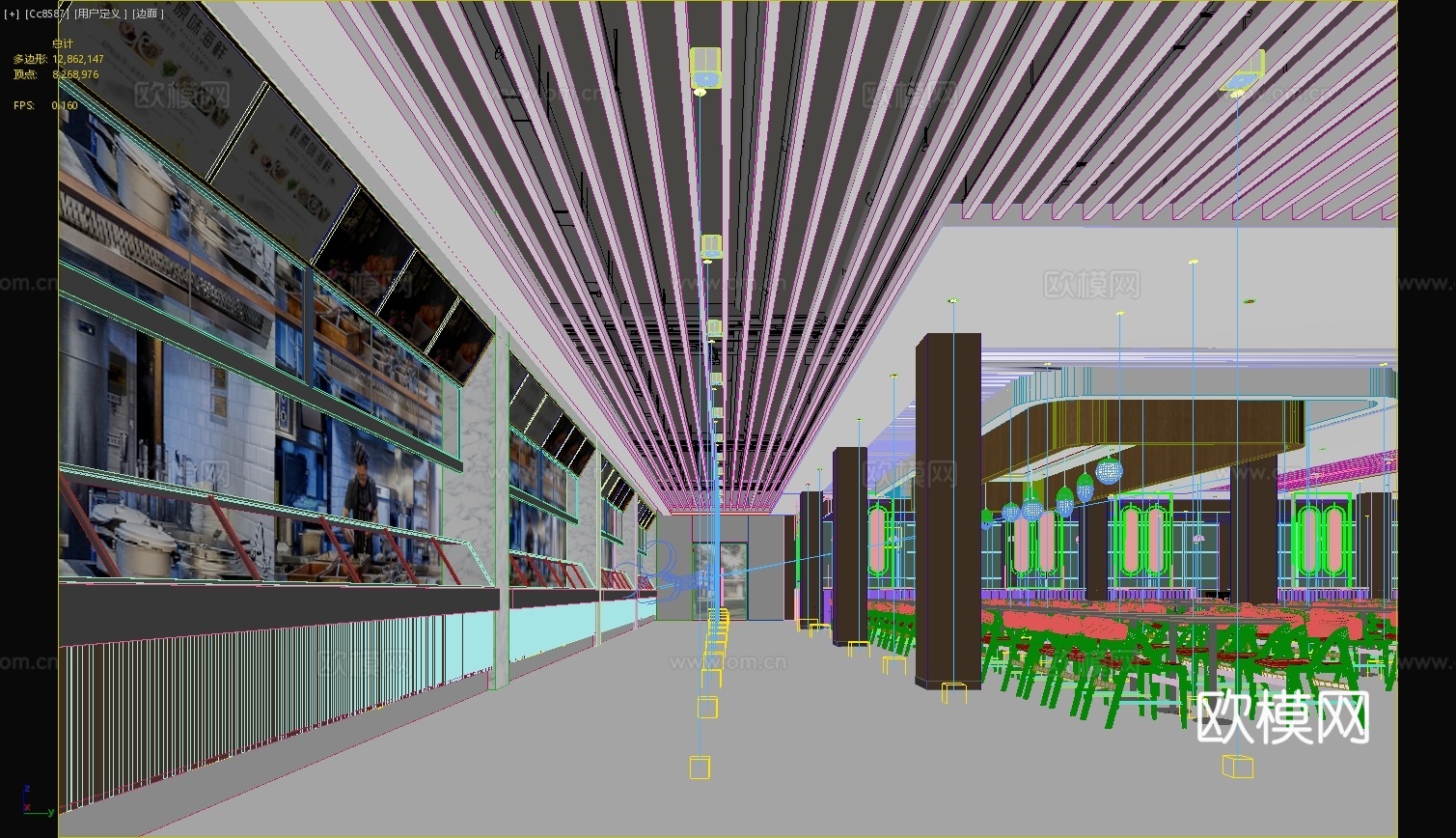 现代食堂餐厅餐桌餐椅吊灯饭堂快餐大厅3d模型