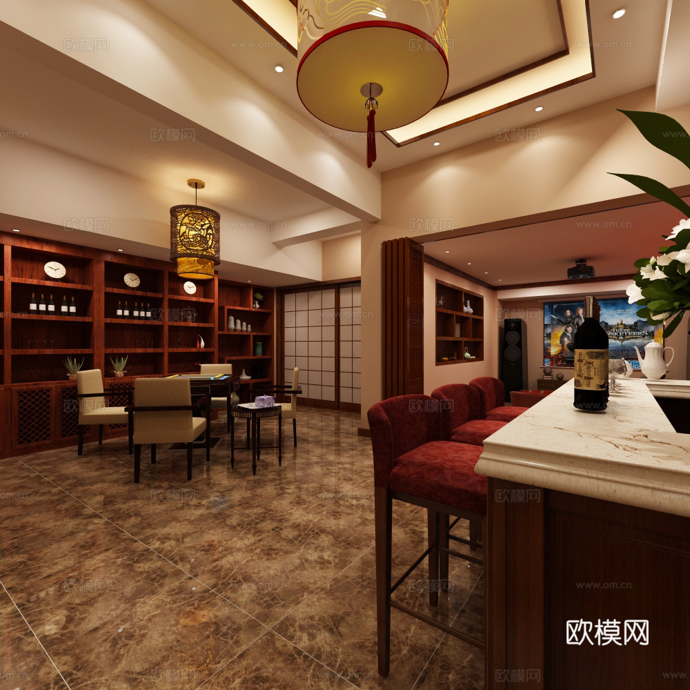 新中式地下室麻将室影音室水吧台3d模型