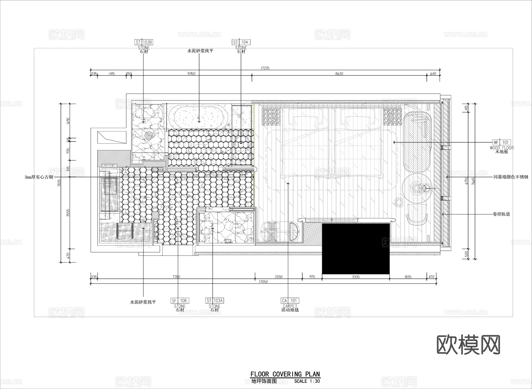 酒店标准双人床施工图  平立面施工图cad施工图