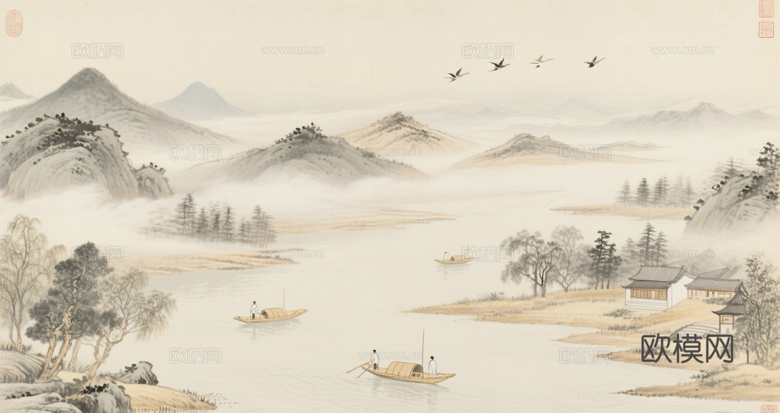 中古侘寂宋代美学山水国画 山峰云雾围绕水墨山水画