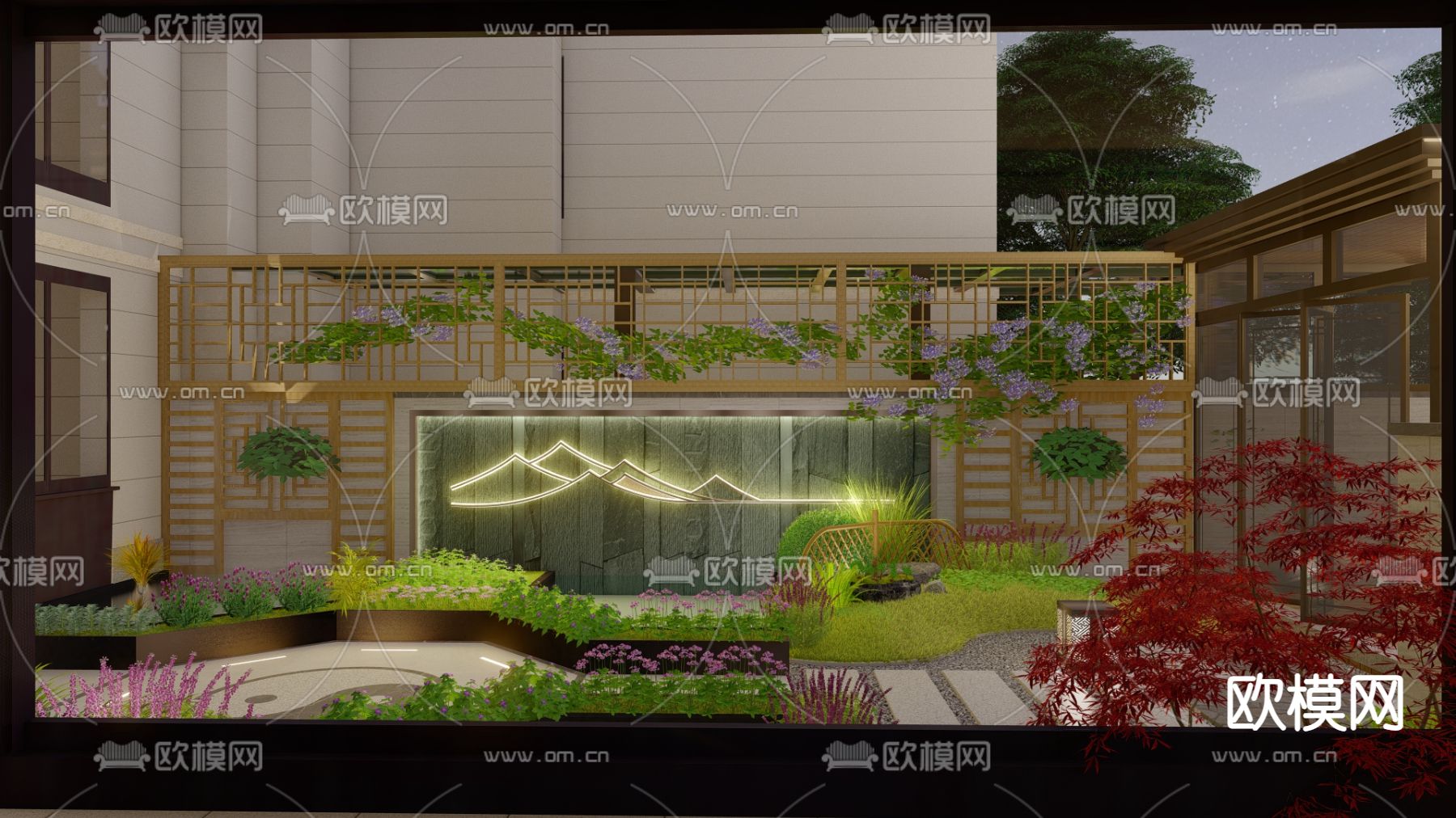 新中式花园 庭院景观su模型下载（渲染图6）