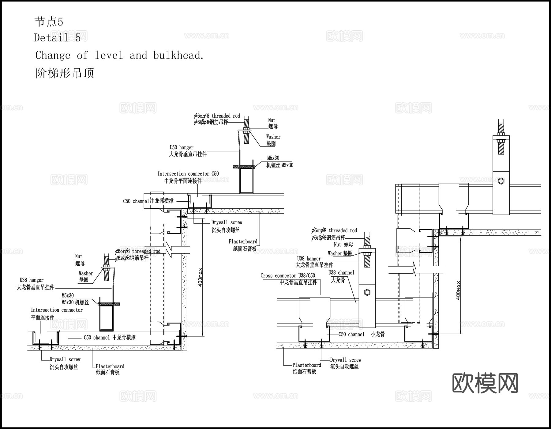龙骨吊顶阶梯连接cad施工图
