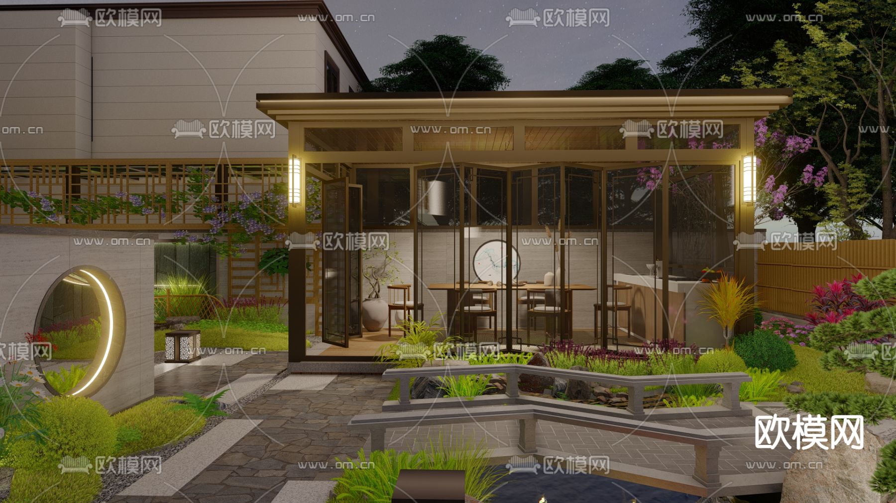 新中式花园 庭院景观su模型下载（渲染图1）