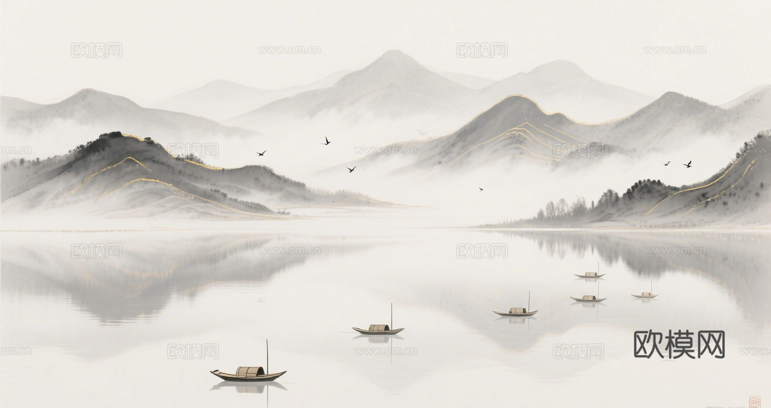 中古侘寂宋代美学山水国画 山峰云雾围绕水墨山水画