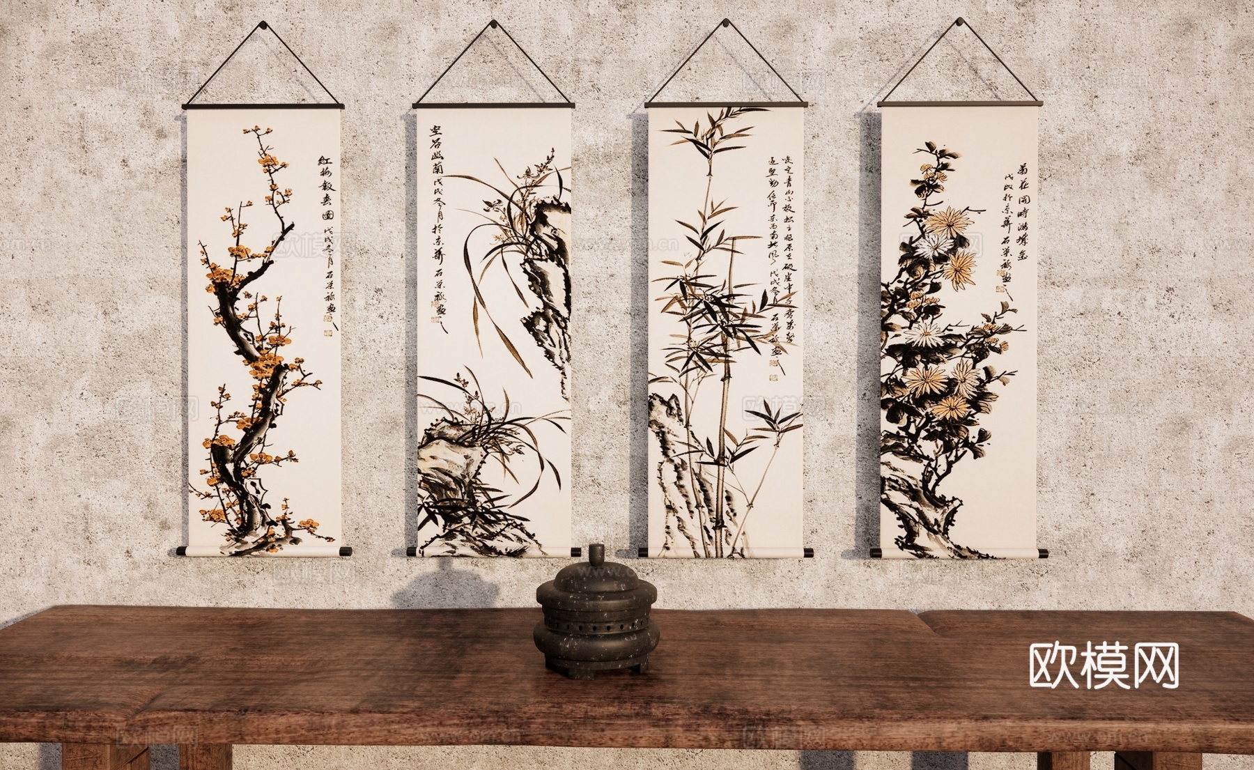 国画 转轴画 中式装饰挂画 字画卷画 水墨字画 梅兰竹菊su模型