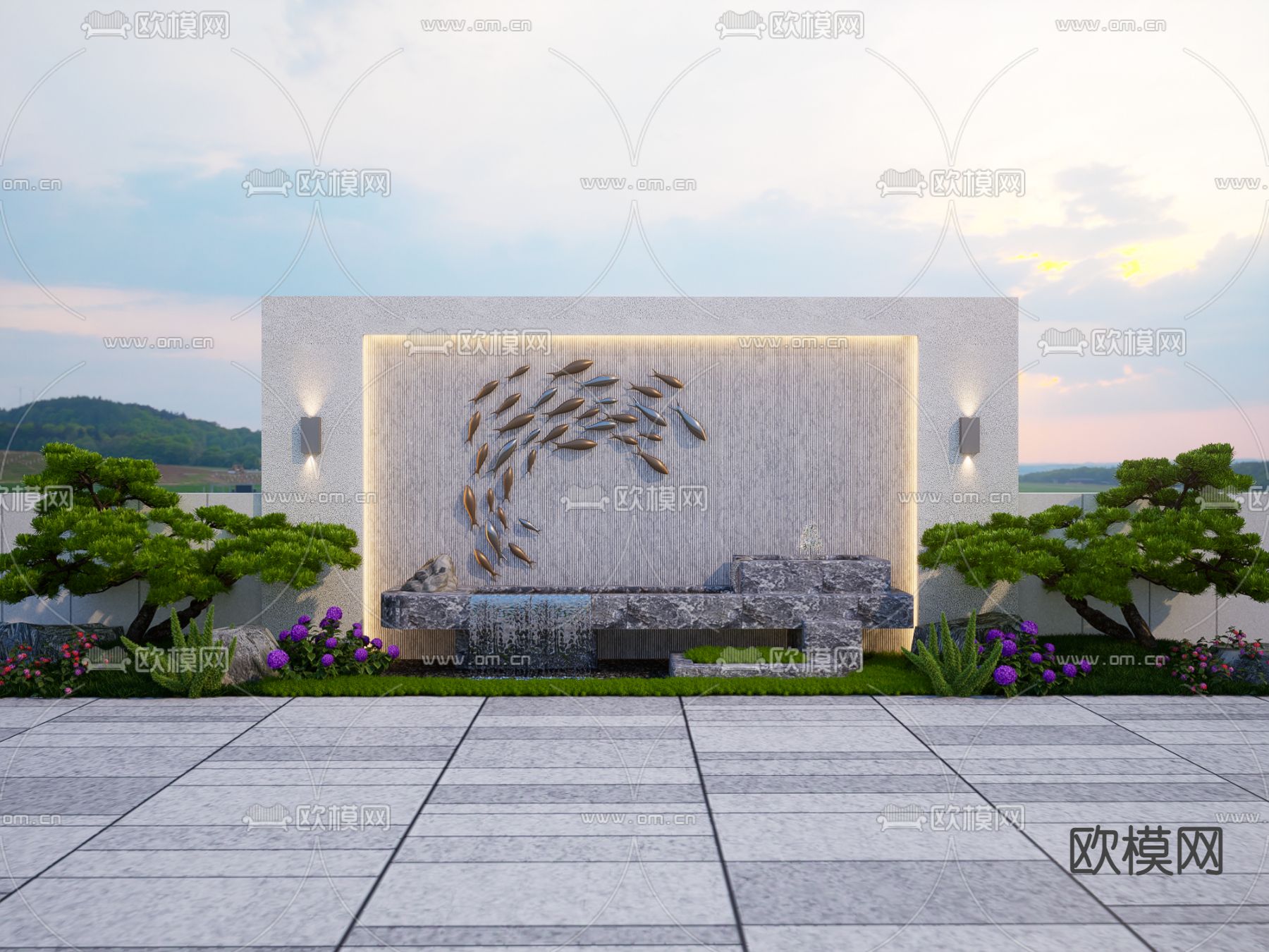 流水景墙su模型下载（渲染图1）