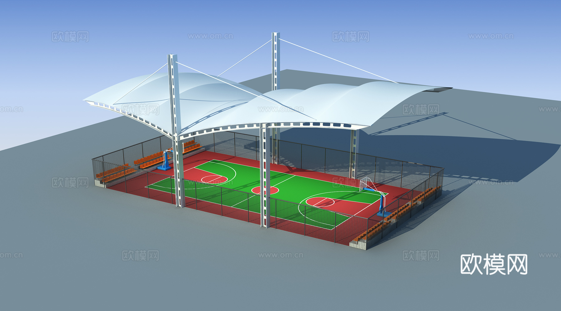 钢结构张拉膜篮球场运动场3d模型下载（渲染图2）