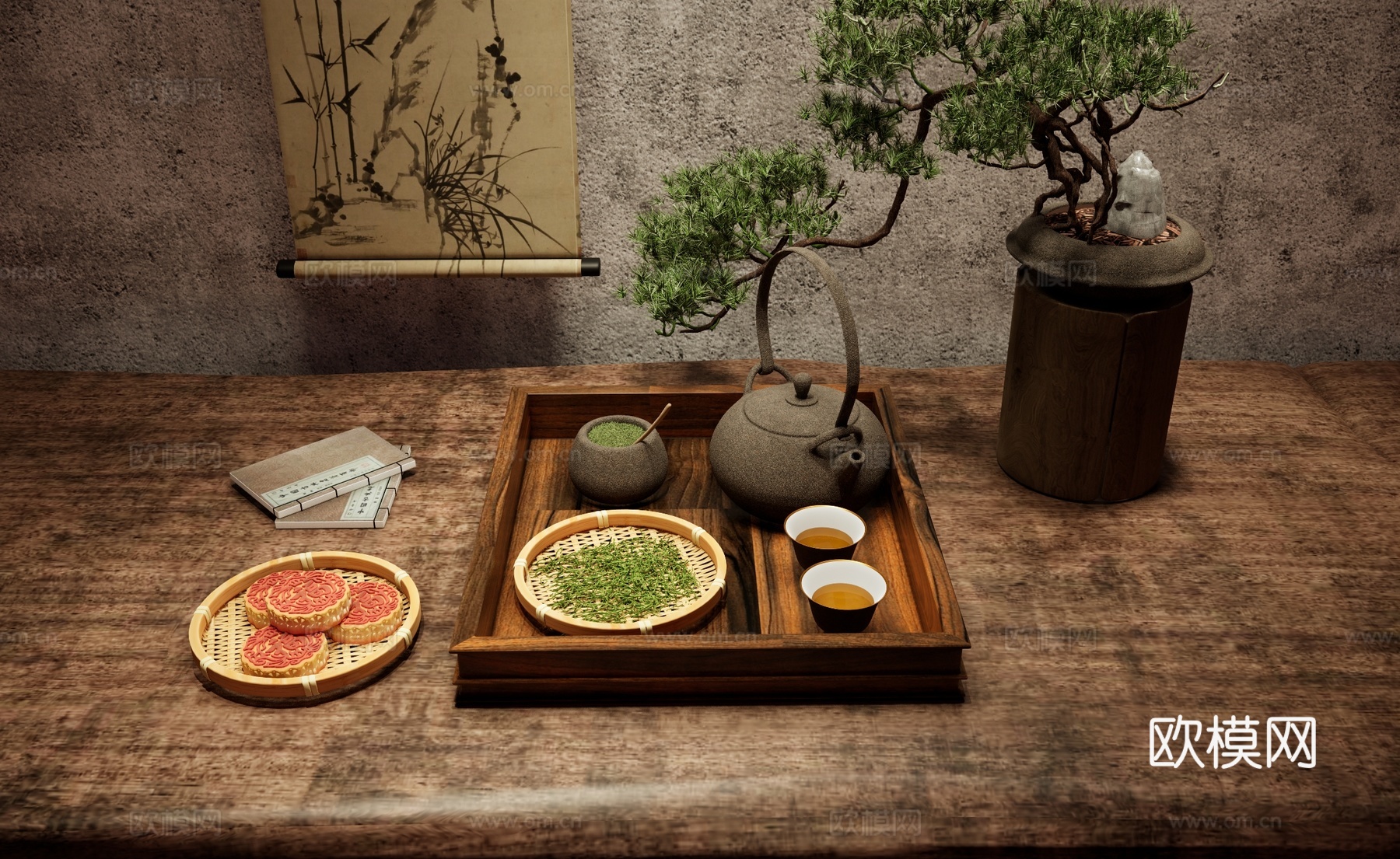 新中式茶室茶具 茶几摆件 茶壶 茶杯 茶叶茶罐 中式点心 月su模型