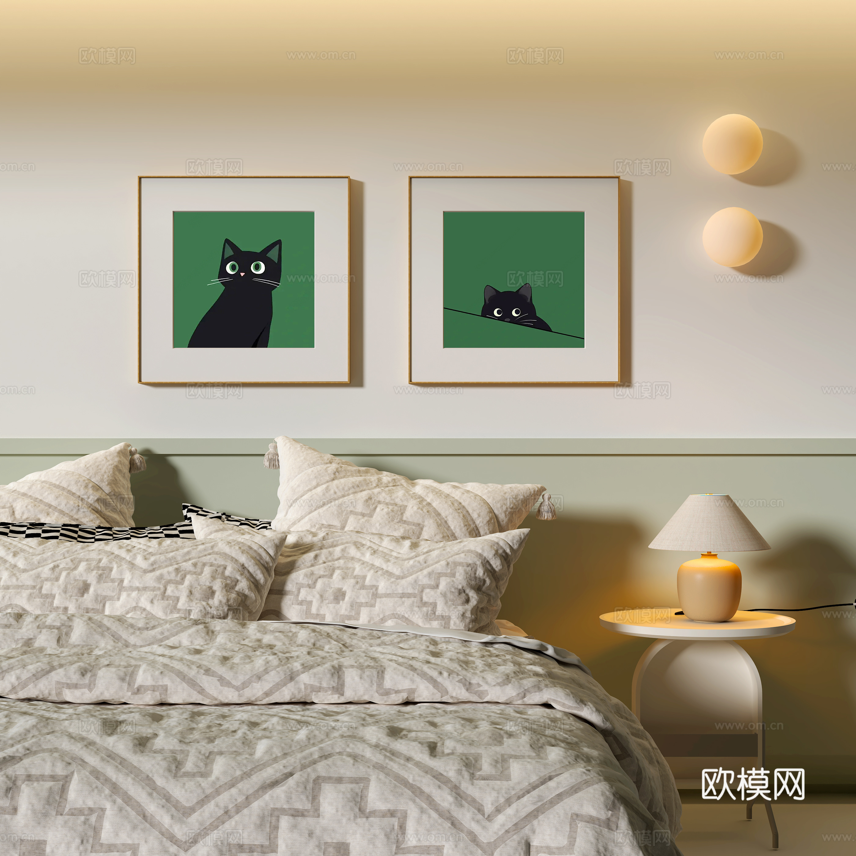 现代卧室装饰挂画 台灯 壁灯 动物挂画3d模型