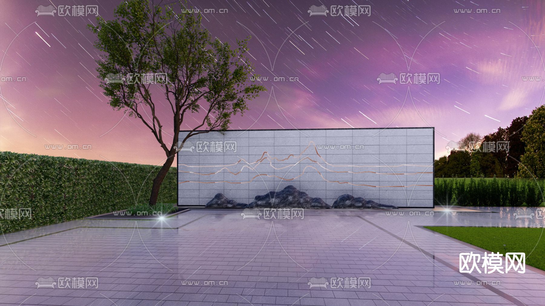 现代景墙su模型下载（渲染图1）