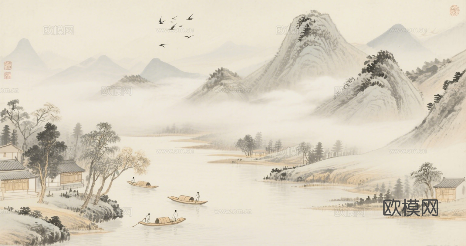 中古侘寂宋代美学山水国画 山峰云雾围绕水墨山水画
