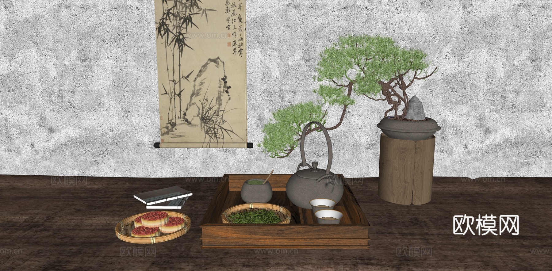新中式茶室茶具 茶几摆件 茶壶 茶杯 茶叶茶罐 中式点心 月su模型