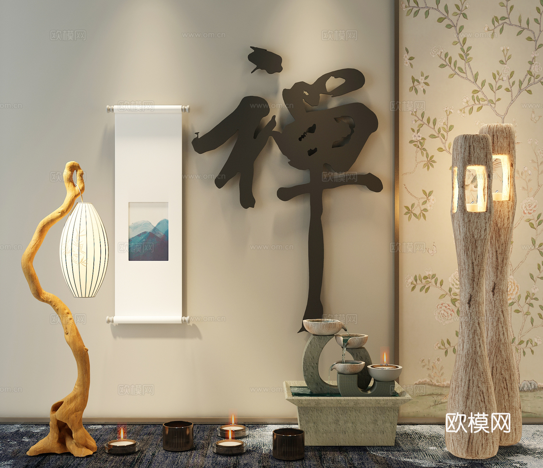 新中式老木头 灯具 挂画 烛台摆件3d模型