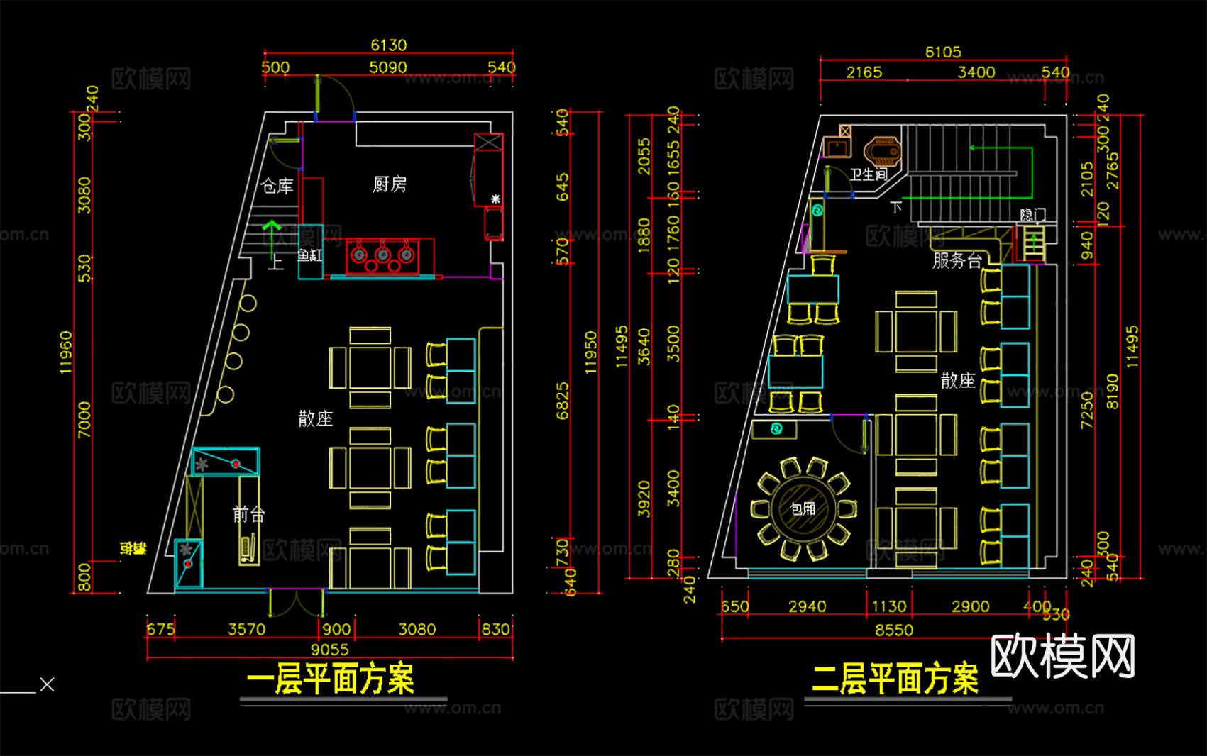 海鲜餐厅大排档平面布置图 含效果图全景图 含PSD格式彩平图cad施工图