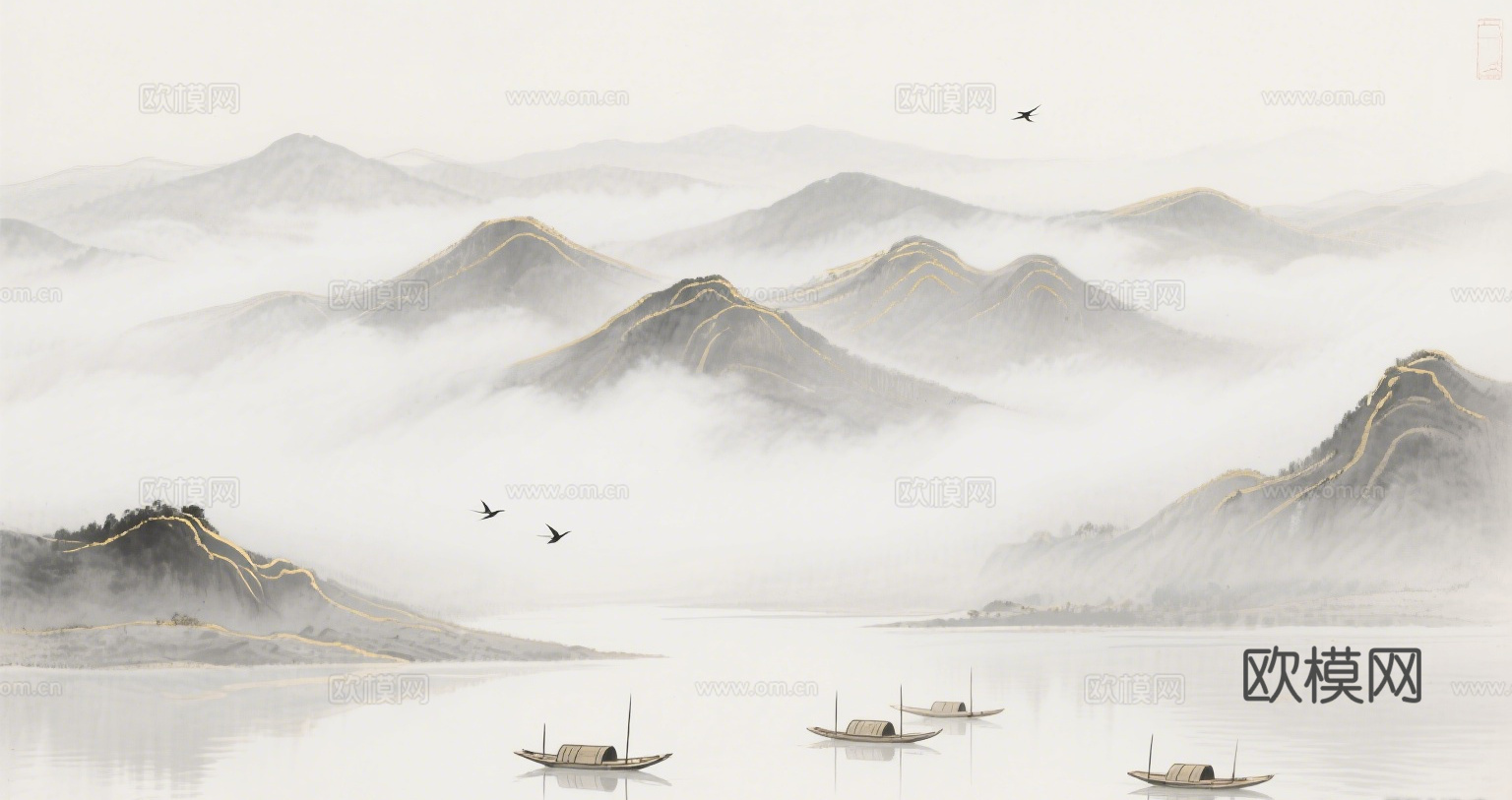 中古侘寂宋代美学山水国画 山峰云雾围绕水墨山水画