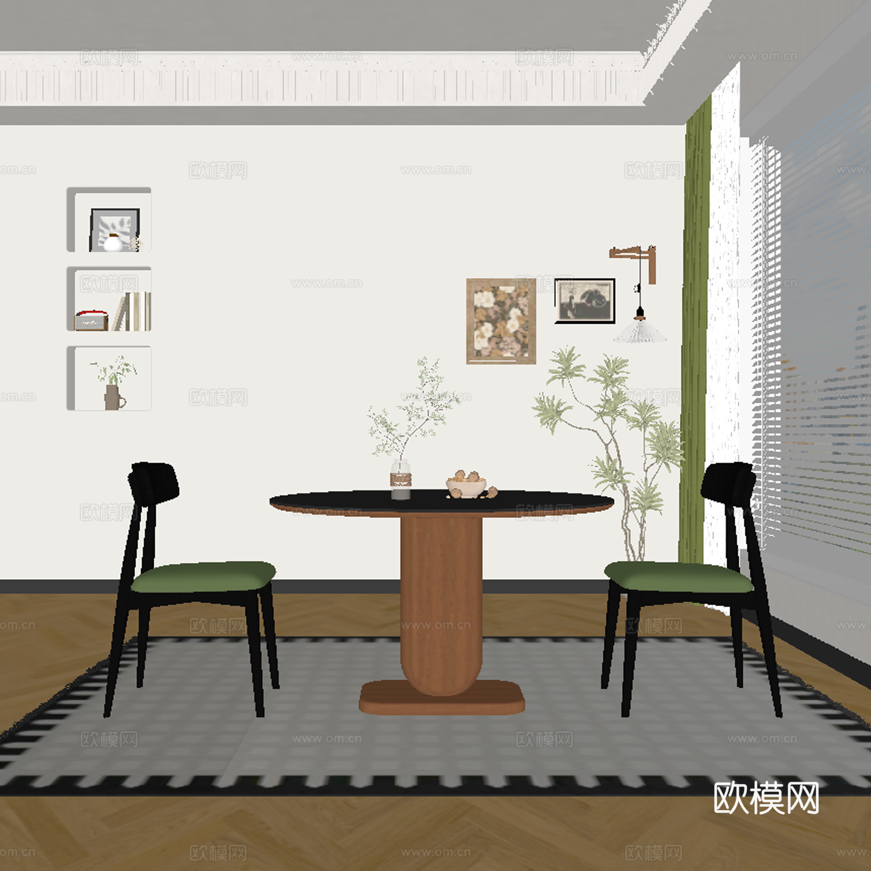 现代中古风餐厅 餐桌椅su模型